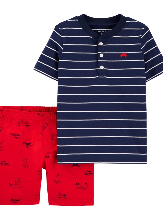 2-Piece Striped Jersey Henley & Poplin Short Set 24M