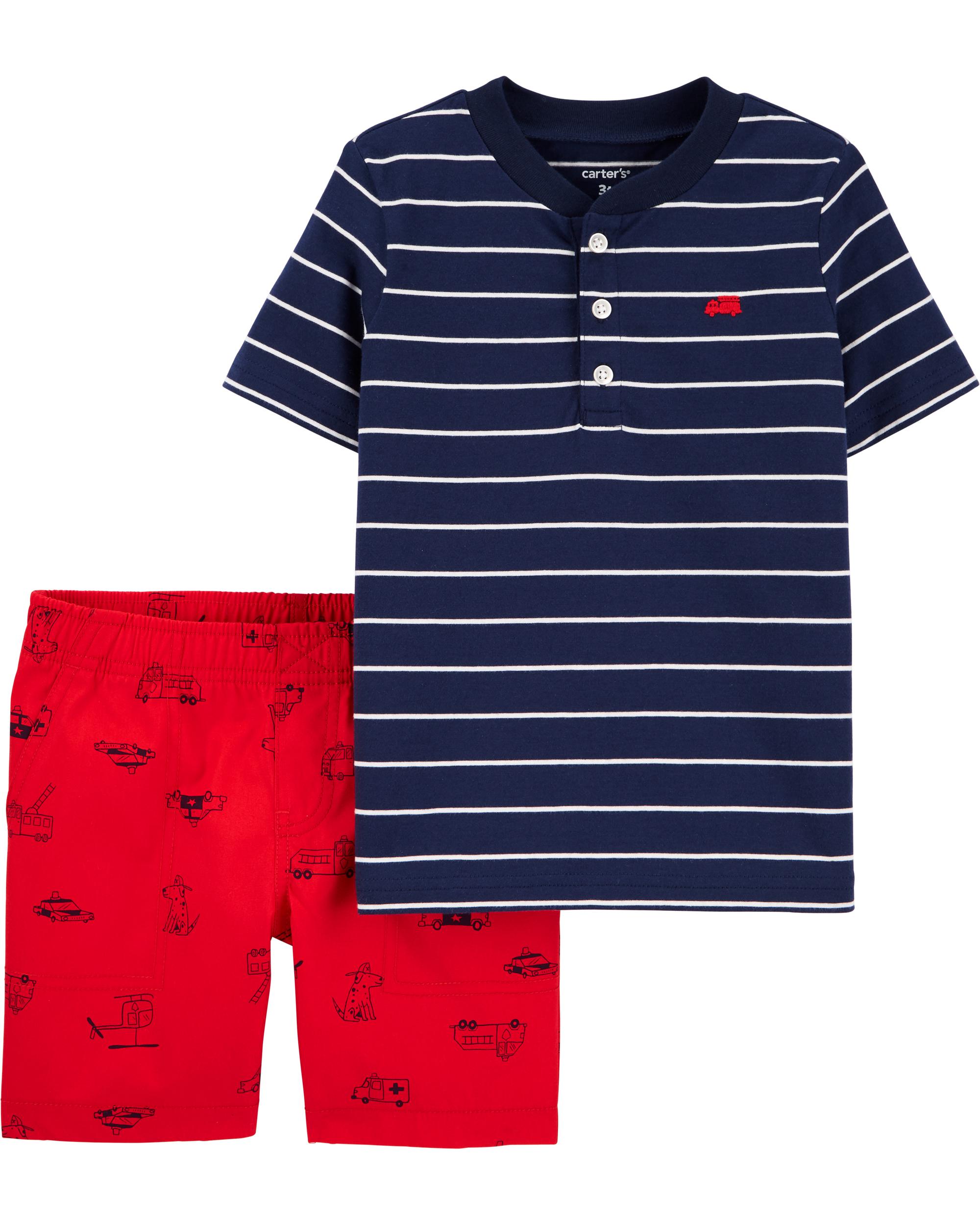 2-Piece Striped Jersey Henley & Poplin Short Set 24M