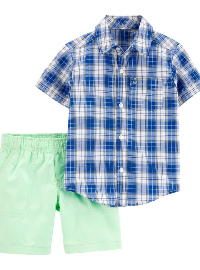 2-Piece Plaid Button-Front Shirt & Poplin Short Set -6M