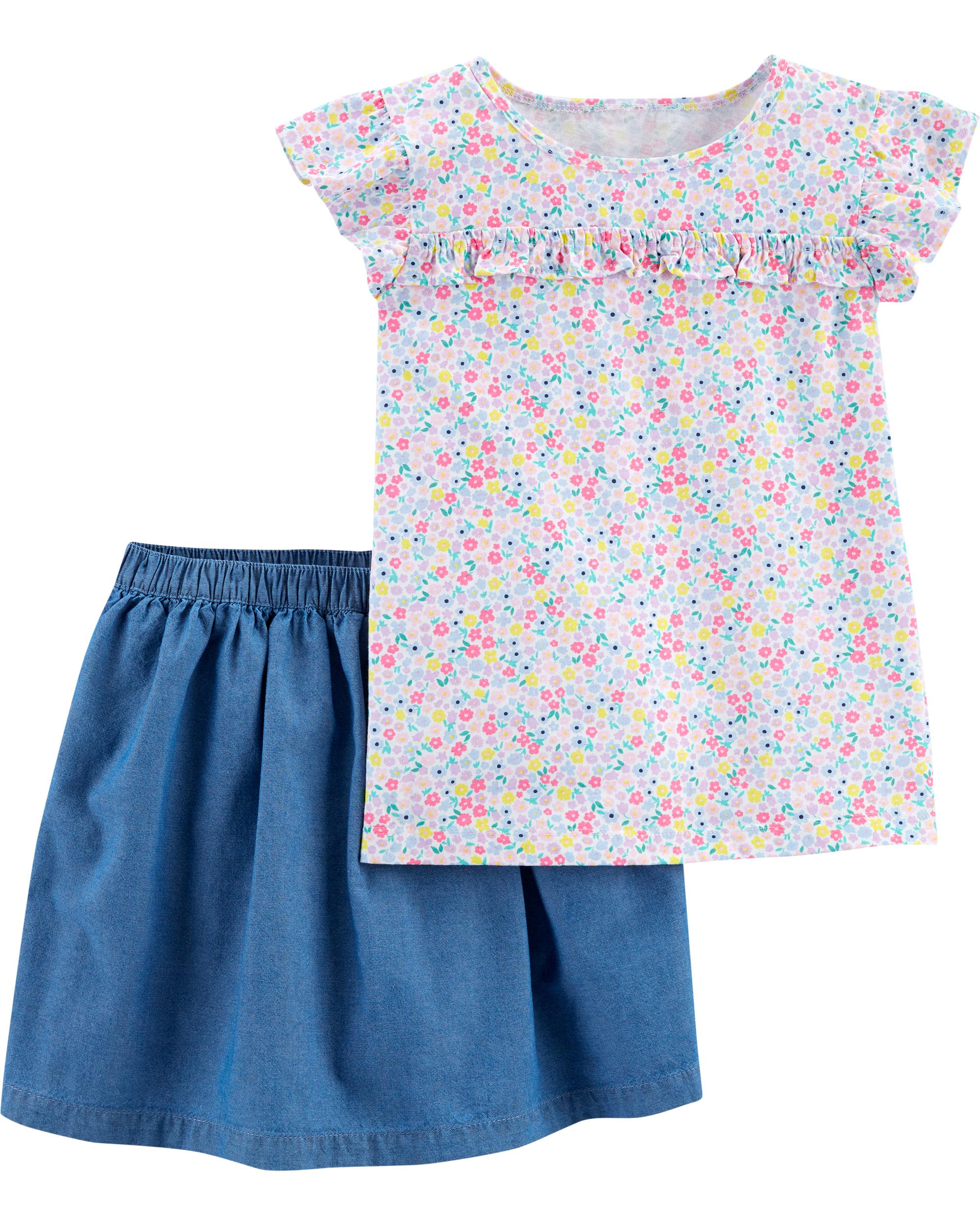 2-Piece Floral Jersey Tee & Chambray Skort Set - 4
