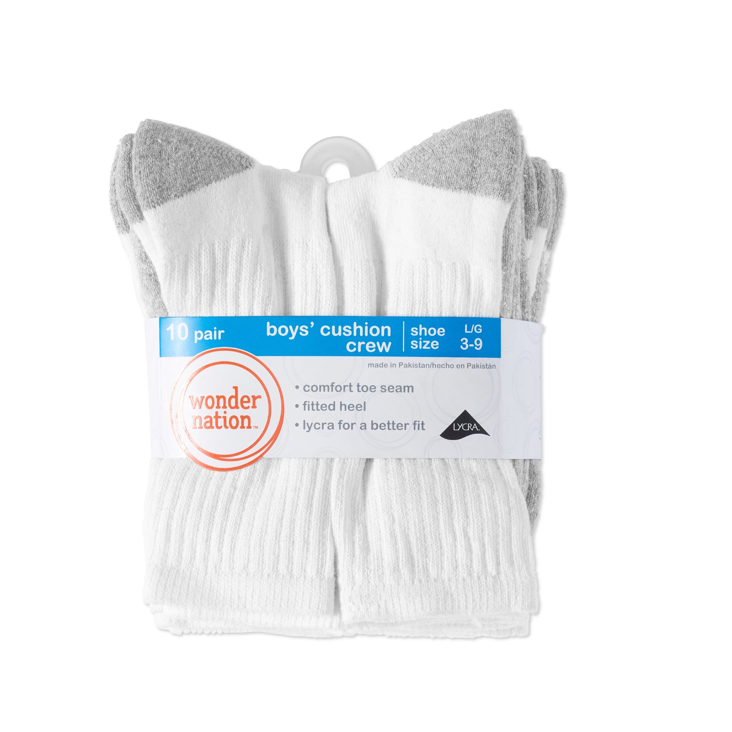 Wonder Nation Boys Socks, 10 Pack Cushioned Crew Socks, Sizes S (5-6.5) - L (9-11)