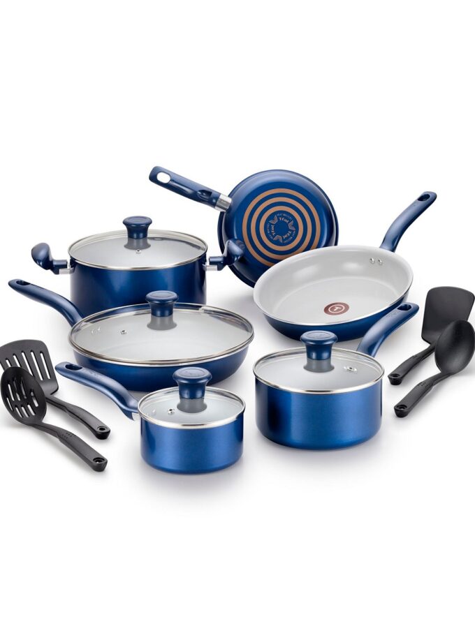 T-Fal Initiatives Ceramic 14-Pc. Cookware Set, Blue