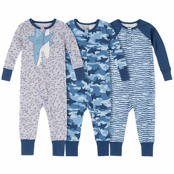 Kids Headquarters Kids' 3-pack Cotton Sleepers, Shark, 9 Months