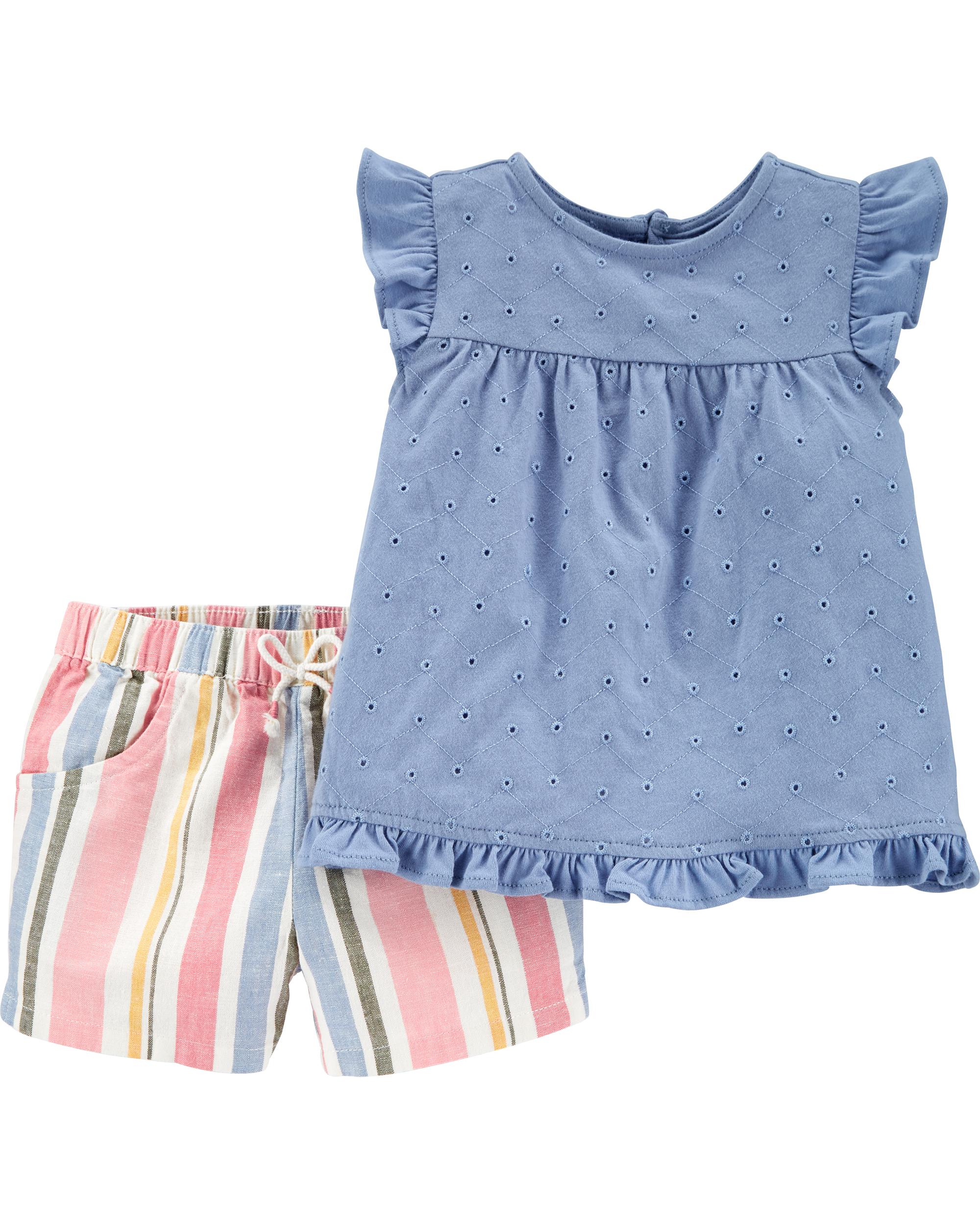 2-Piece Chambray Top & Linen Short Set, NB