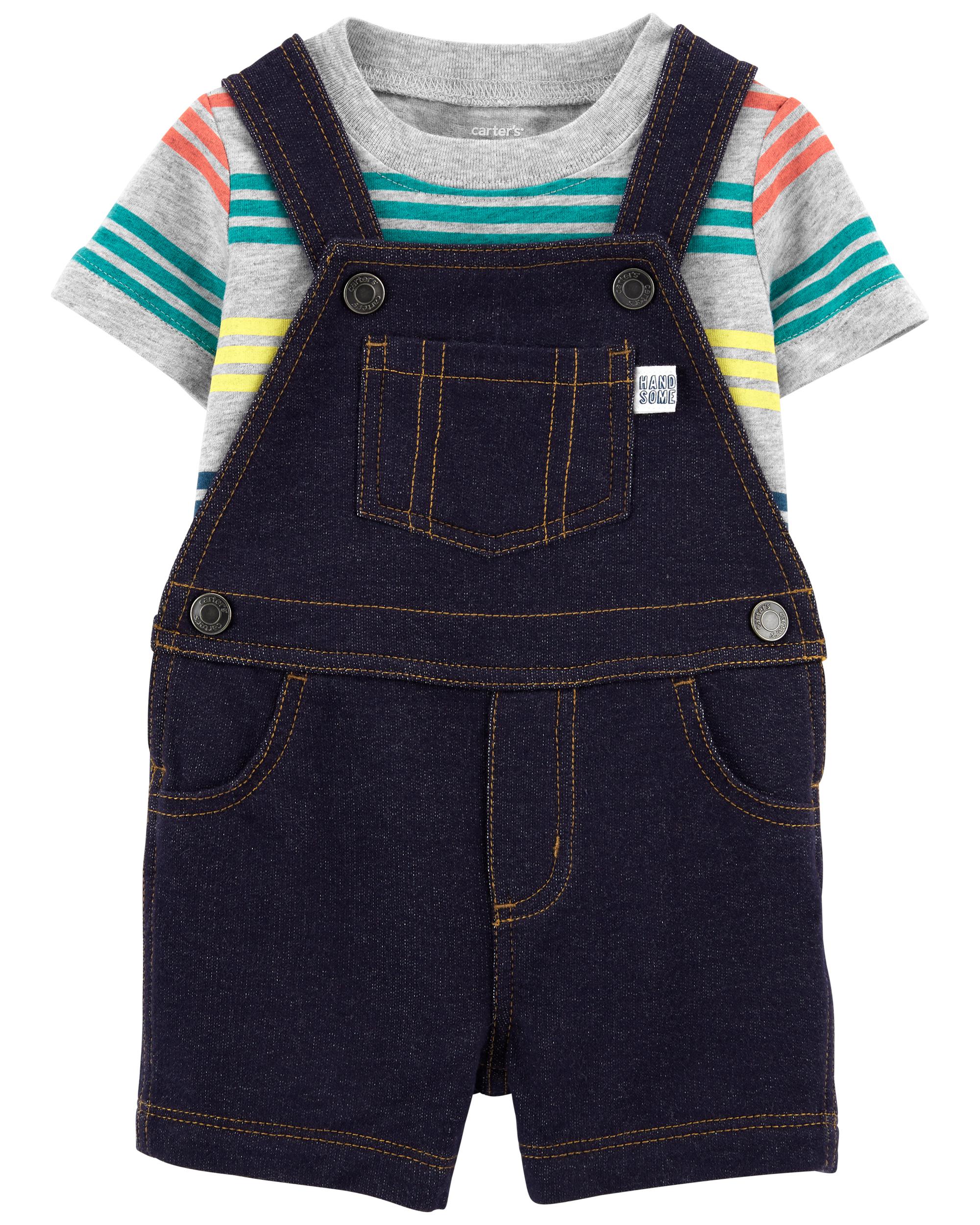 2-Piece Tee & Knit Denim Shortalls, 24M