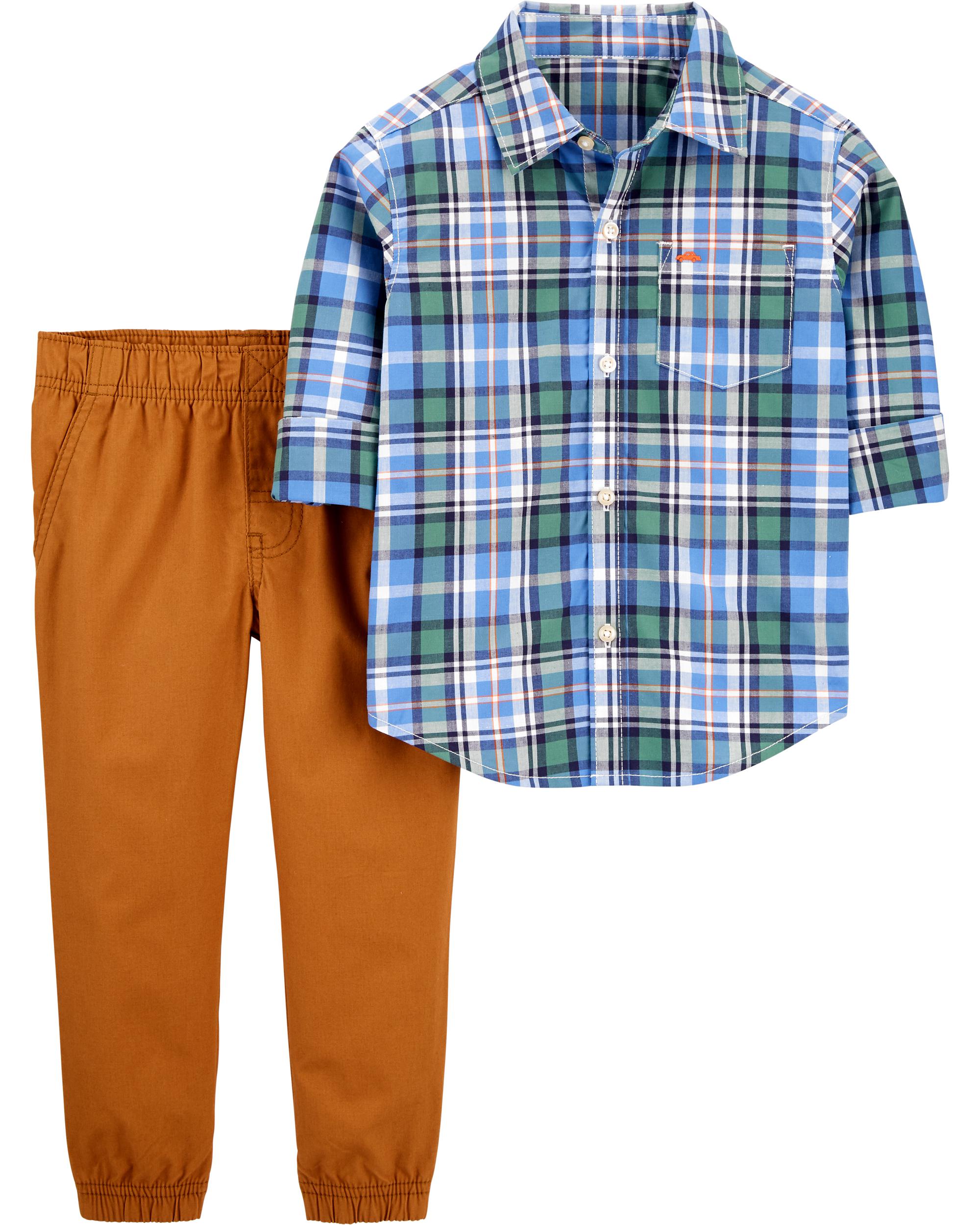 2-Piece Plaid Button-Front Shirt & Pant Set, 2T