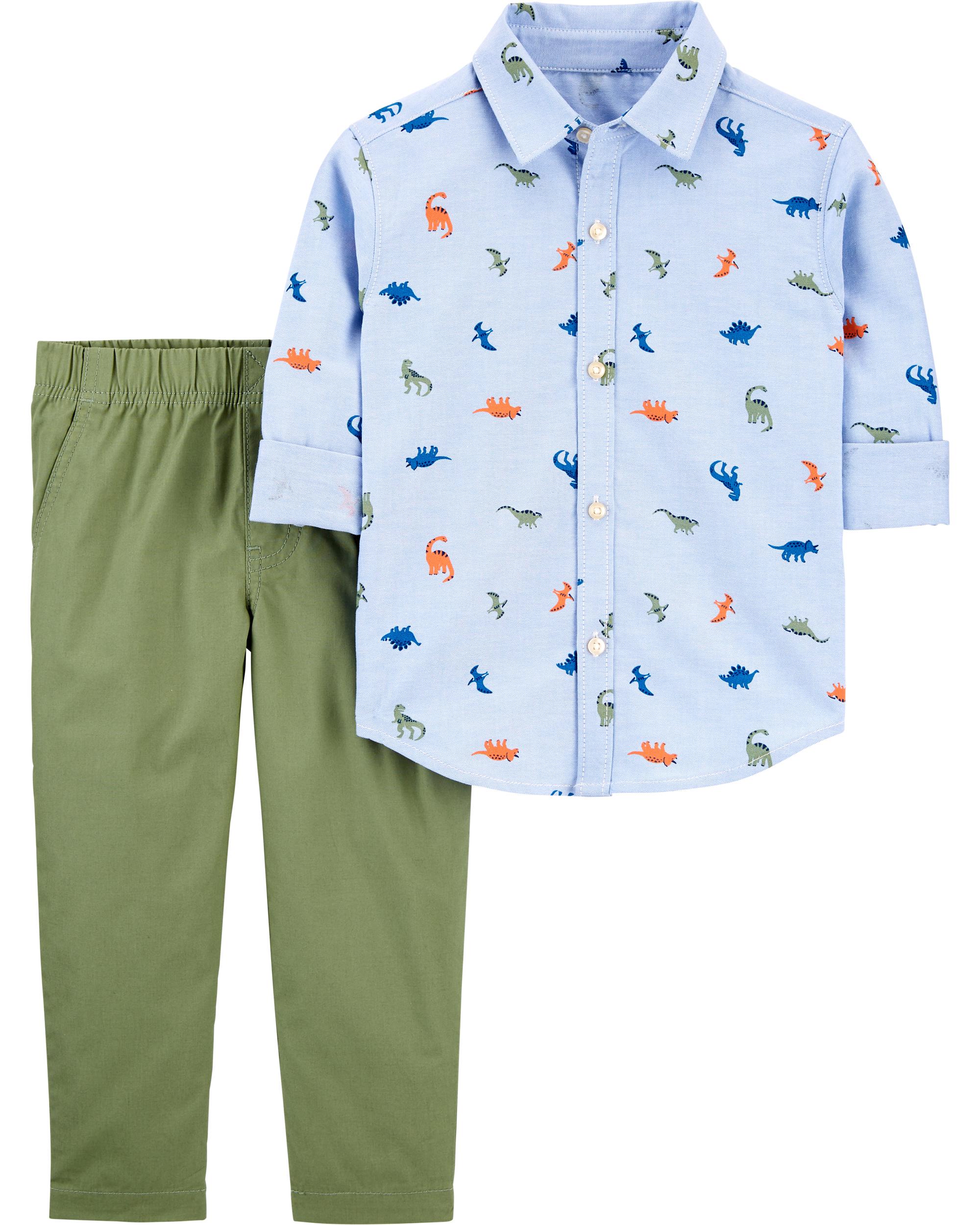 2-Piece Dinosaur Button-Front Shirt & Pant Set, 3T